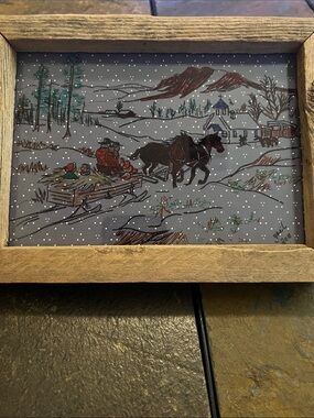 Framed Hand-painted Winter Horse-Drawn Sleigh Painting - Rustic Wood Frame-EUC